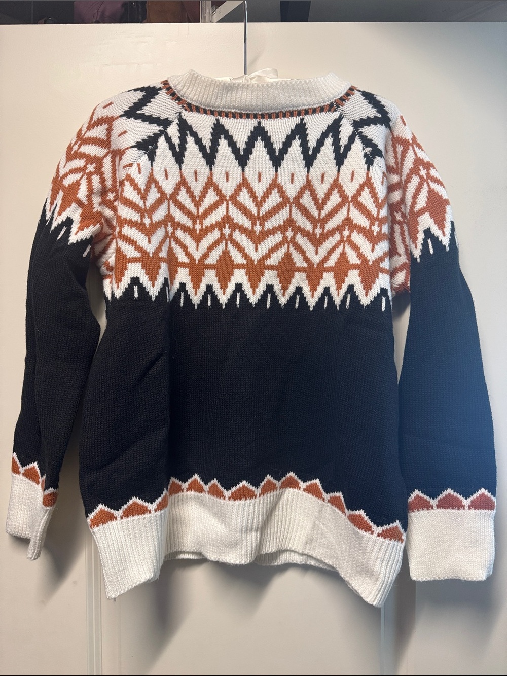 Amazon Black, White & Rust Patterned Crewneck Sweater